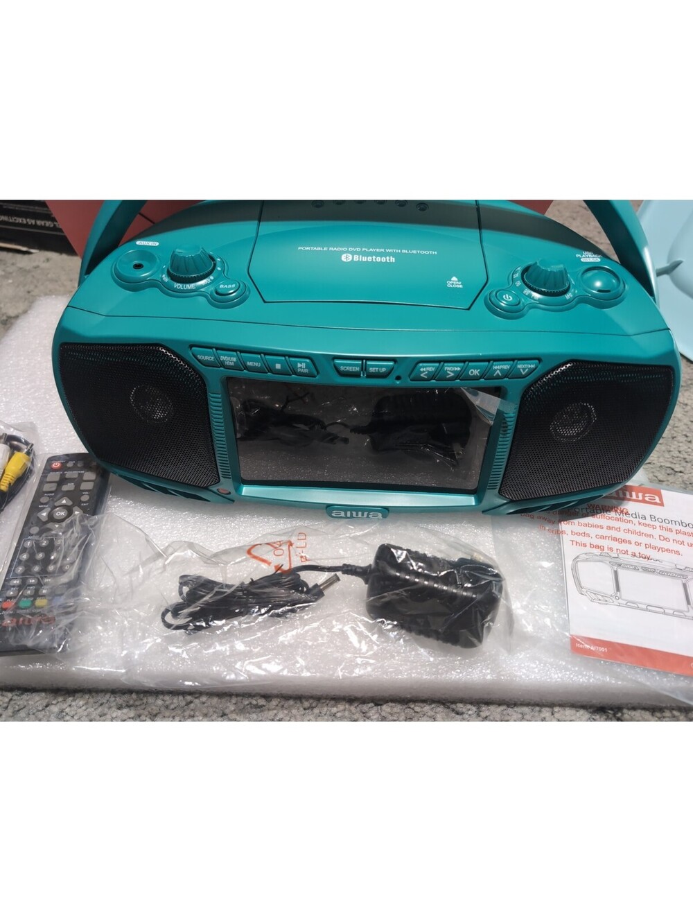 Aiwa Portable Boombox Crystal Clear Sound  Bass Aqua Blue HDMI DVD Multimedia